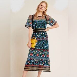 Anthropologie Esther Embroidered Midi Dress • Holiday Party